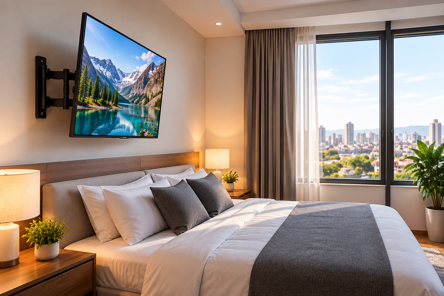 Dormitorio moderno con televisor en soporte articulado de pared
