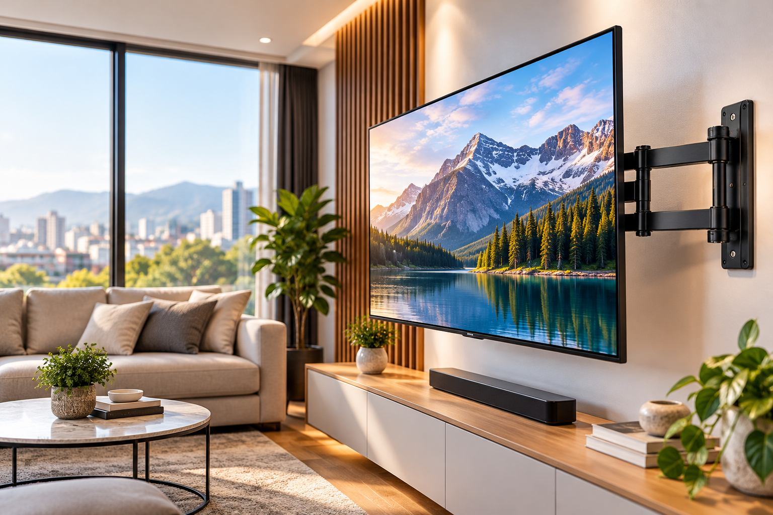 Sala moderna con televisor instalado en soporte articulado de pared