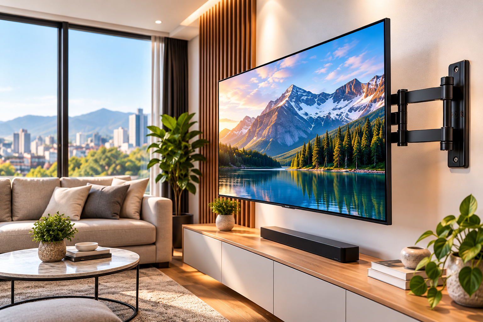 Sala moderna con televisor instalado mediante soporte articulado